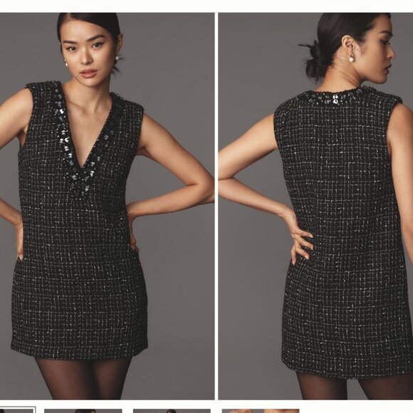 NWT Maeve V-Neck Tweed Mini Dress Women's Medium Black Silver - Picture 1 of 16